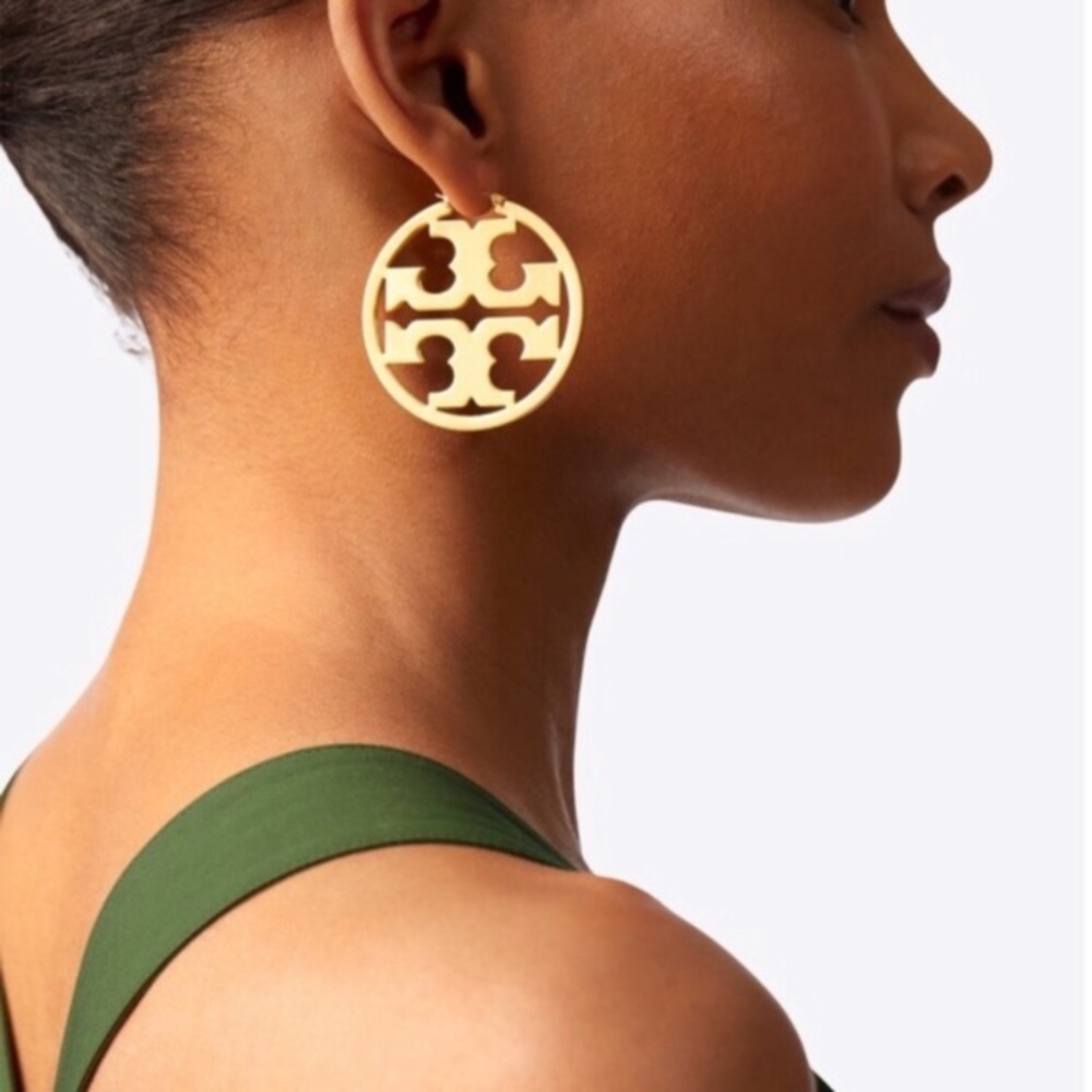 Tory Burch Miller Logo Gold Hoop Earrings - Picture 5 of 8